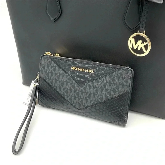 Michael Kors Bag Large Sheila Mf Tote Bag & Large Double Zip Wallet Black/Gold - Picture 12 of 14